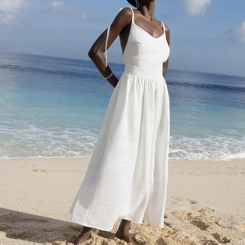 Women Summer Boho Long Dress Sleeveless Backless Spaghetti Strap Maxi Dress