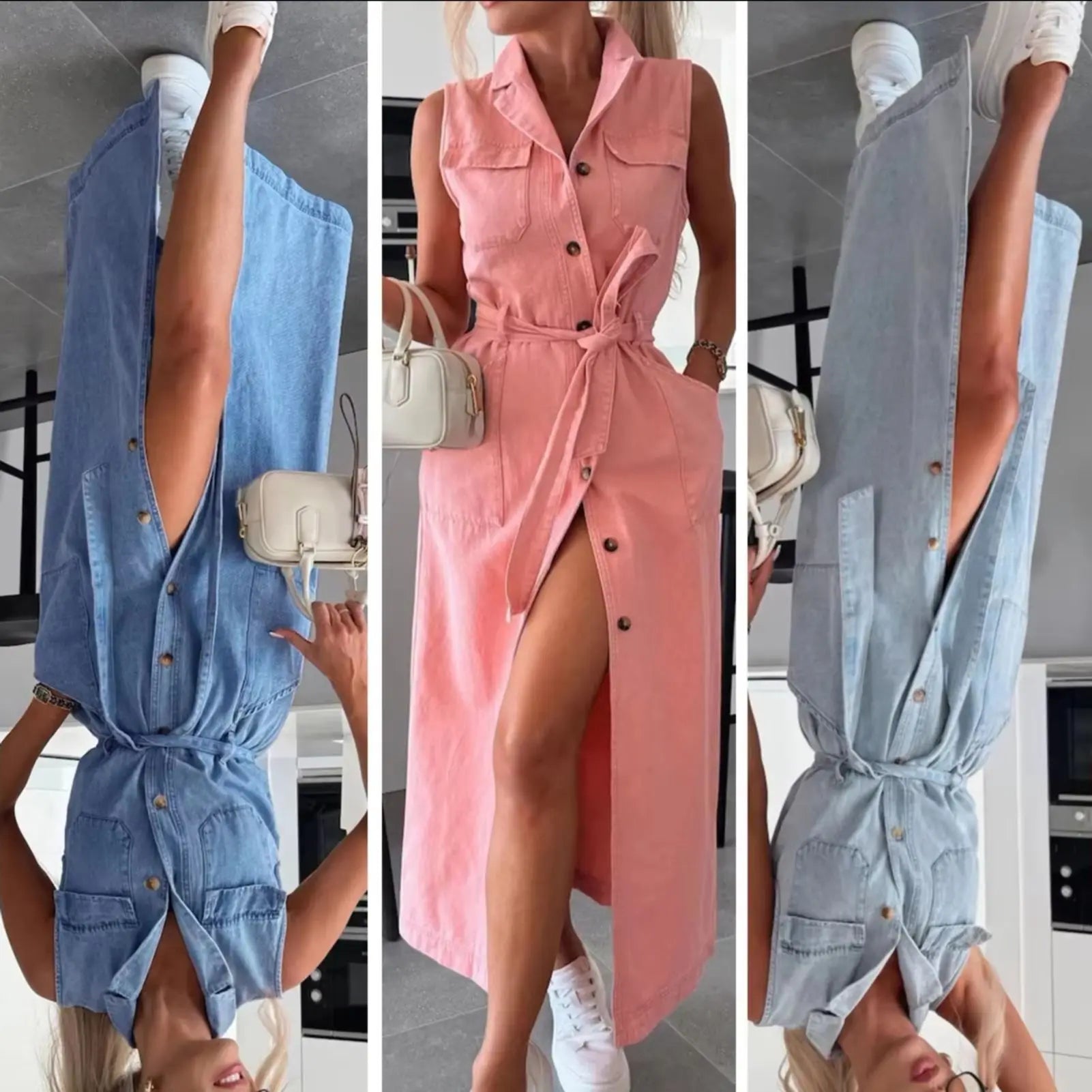Women Sleeveless Long Belted Waist Cinching Single Button Denim Dress
