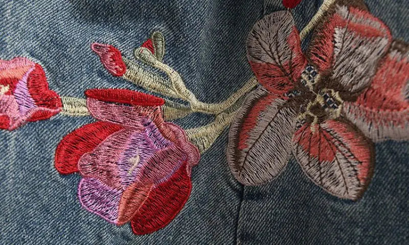 Indie Folk Embroidery Denim Vintage Elastic High Waist