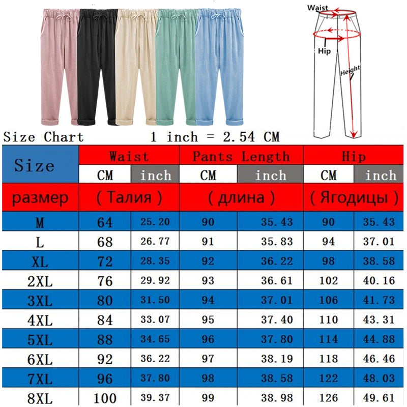 Cotton Linen Pants, Elastic Mid Waist Ankle, Female Slacks Size M-5XL 6XL 7XL 8XL