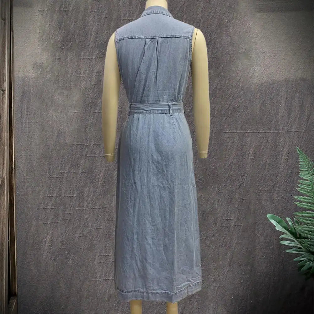 Women Sleeveless Long Belted Waist Cinching Single Button Denim Dress