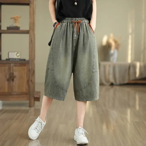 Retro Distressed Denim Belted Slimming Casual Wide Leg Pant