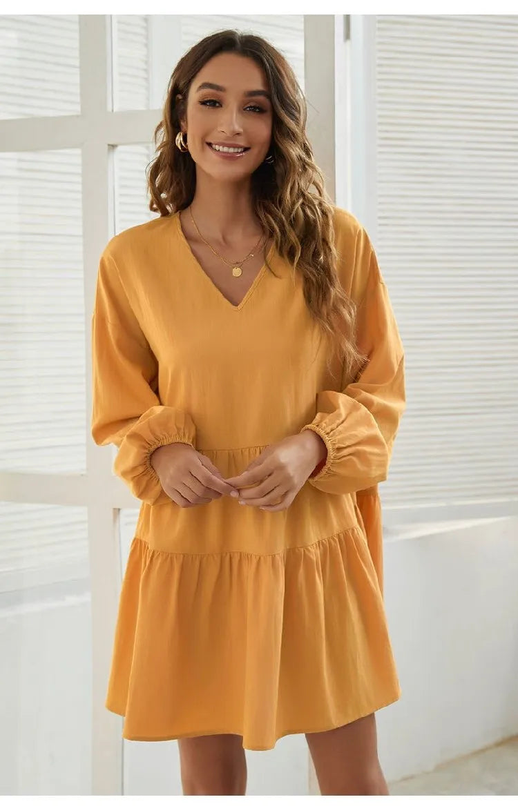 Women's Loose V-Neck Casual Long Sleeve Dress