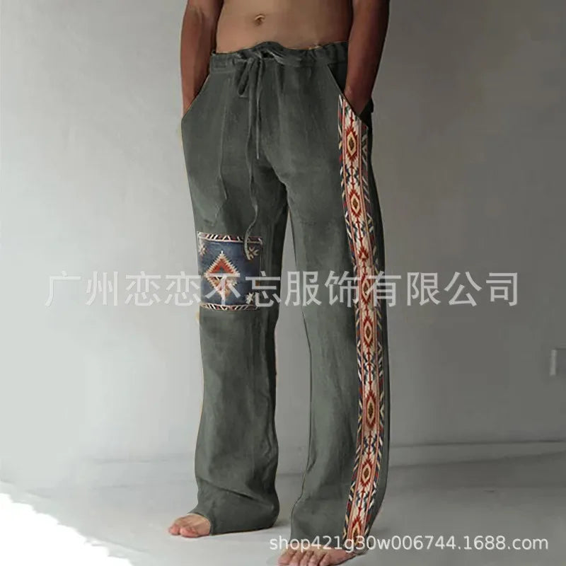 1 Mens Summer Beach Drawstring Ethnic Style Casual Straight Leg Trousers