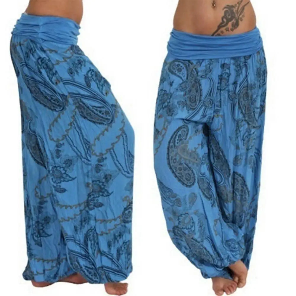 Women Boho Loose Pants Paisley Print High Waist Ankle Tied Harem Pants
