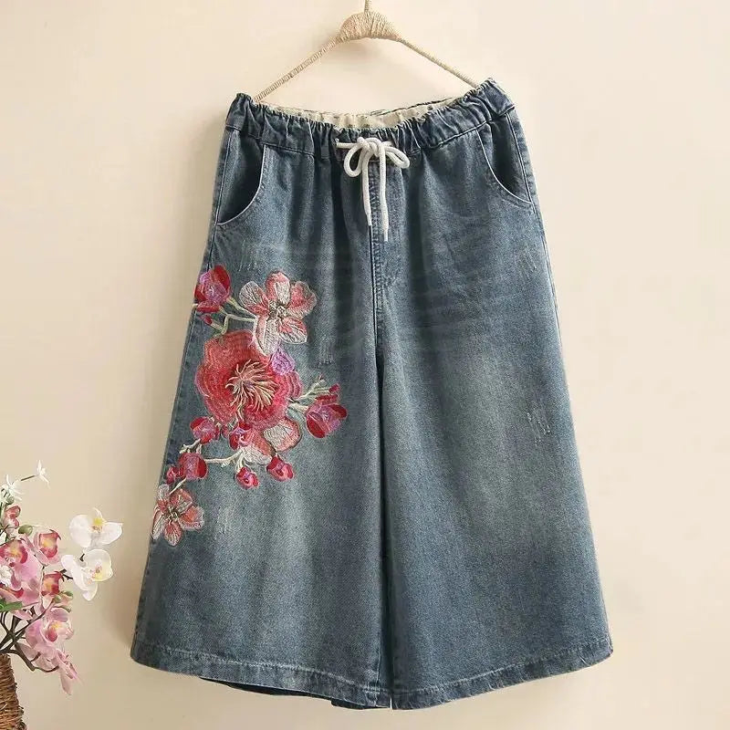 Indie Folk Embroidery Denim Vintage Elastic High Waist