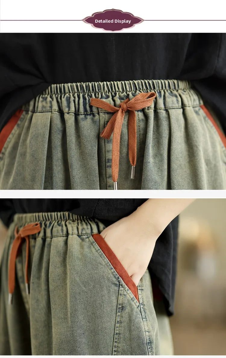 Retro Distressed Denim Belted Slimming Casual Wide Leg Pant