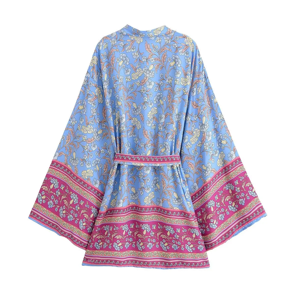 BOHO Women Light Blue Contrast Floral Print Kimono Shirt
