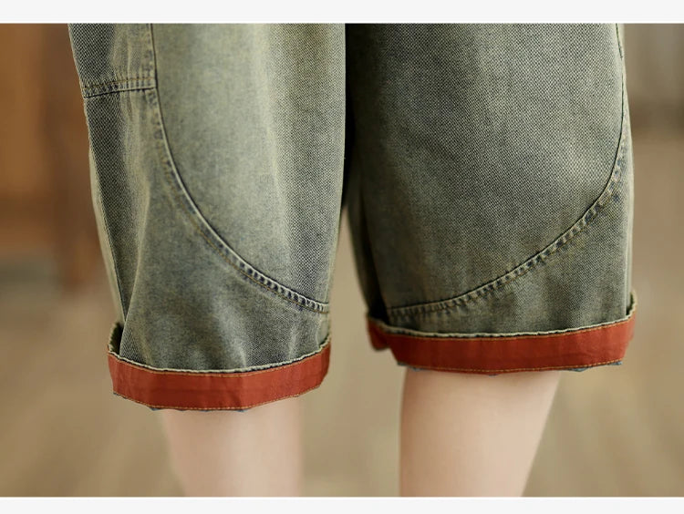 Retro Distressed Denim Belted Slimming Casual Wide Leg Pant