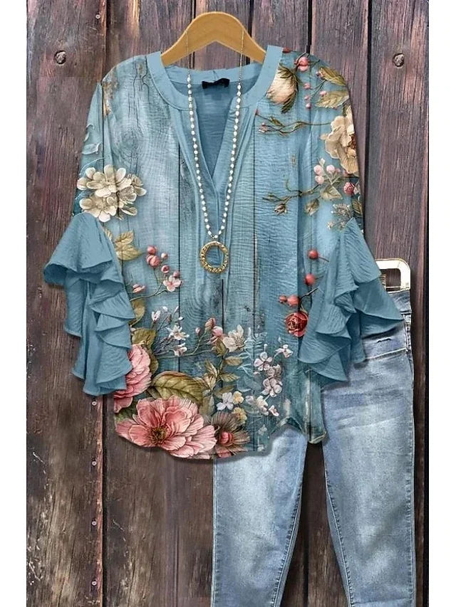 Women's Boho Floral Blouse Ruffle Sleeve