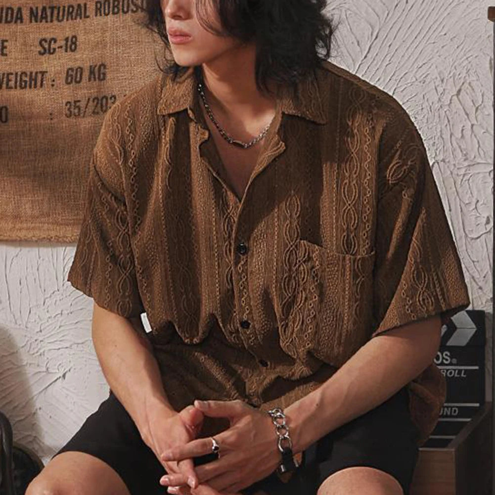 Men Casual Loose Hollow Out Short Sleeve Shirt