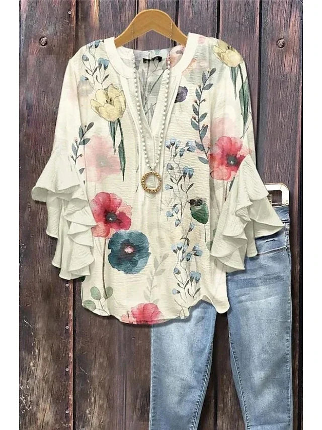 Women's Boho Floral Blouse Ruffle Sleeve