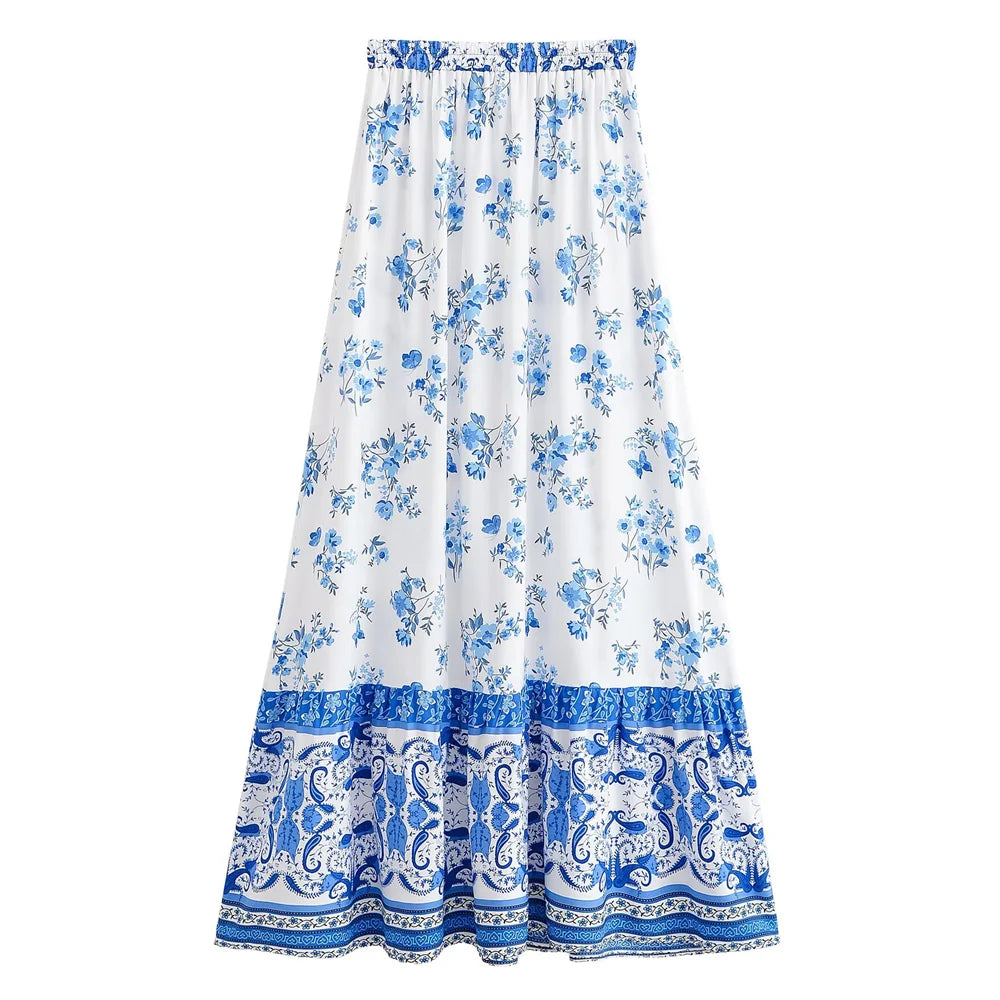 BOHO White With Blue Floral Print Long Skirt