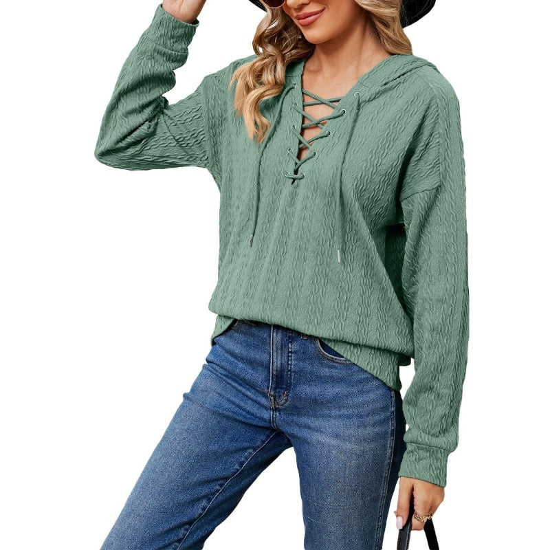 Autumn and Winter Women's Pullover Hooded Long Sleeve Solid Lace Up