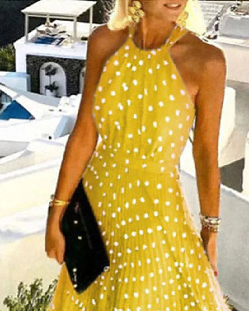 Women Boho Polka Dot Print Chiffon Pleated Maxi Dress