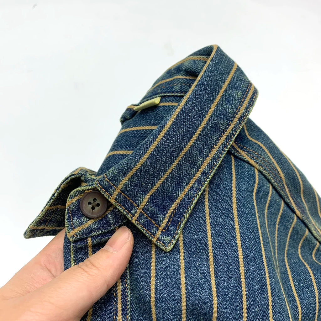 Autumn New American Retro Heavyweight Striped Denim Shirt Jacket