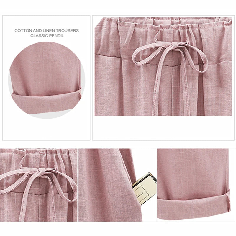 Cotton Linen Pants, Elastic Mid Waist Ankle, Female Slacks Size M-5XL 6XL 7XL 8XL