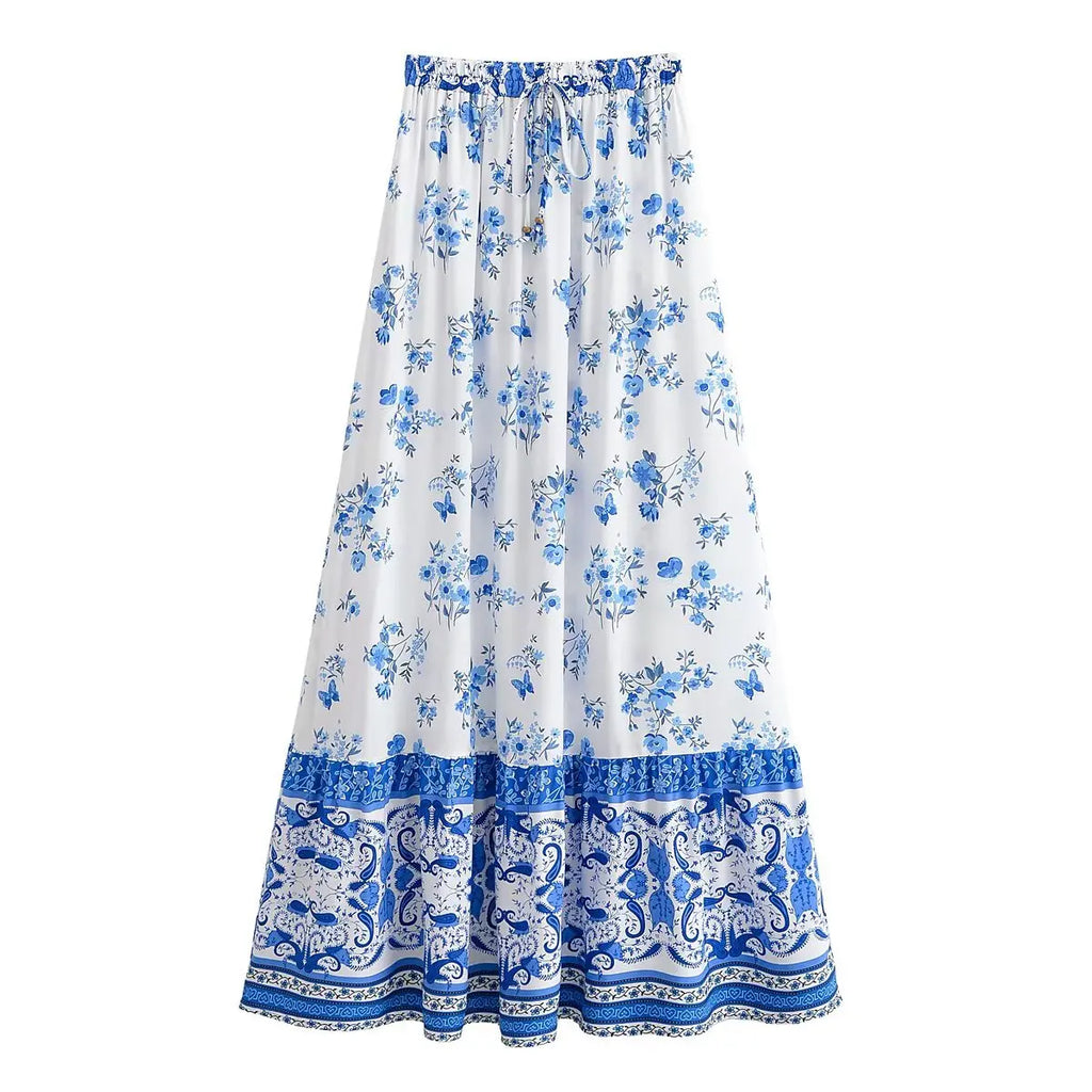 BOHO White With Blue Floral Print Long Skirt