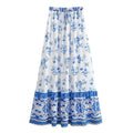 BOHO White With Blue Floral Print Long Skirt
