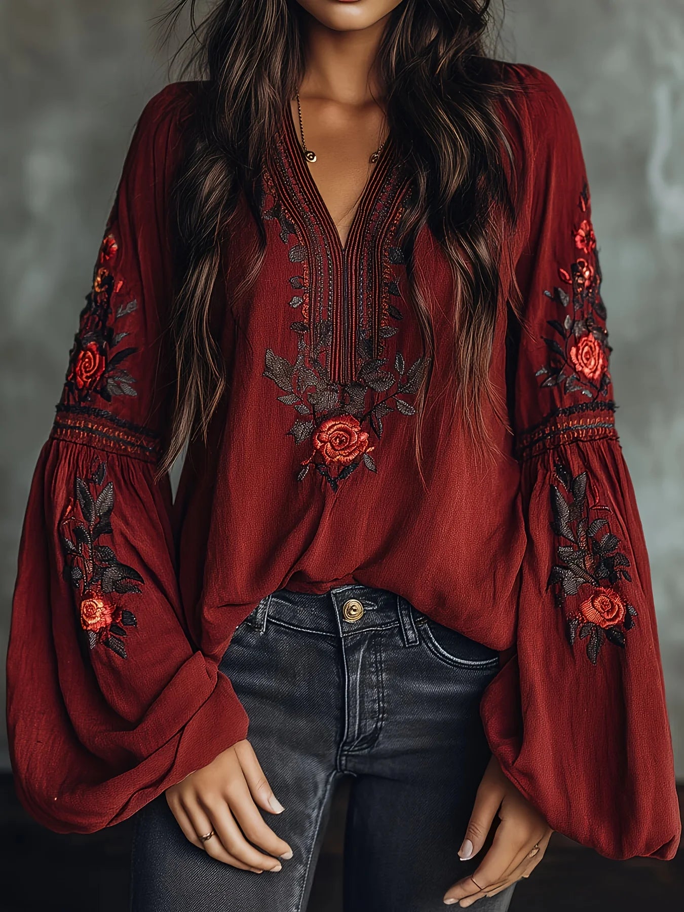 Plus Size Boho Floral Embroidery Blouse