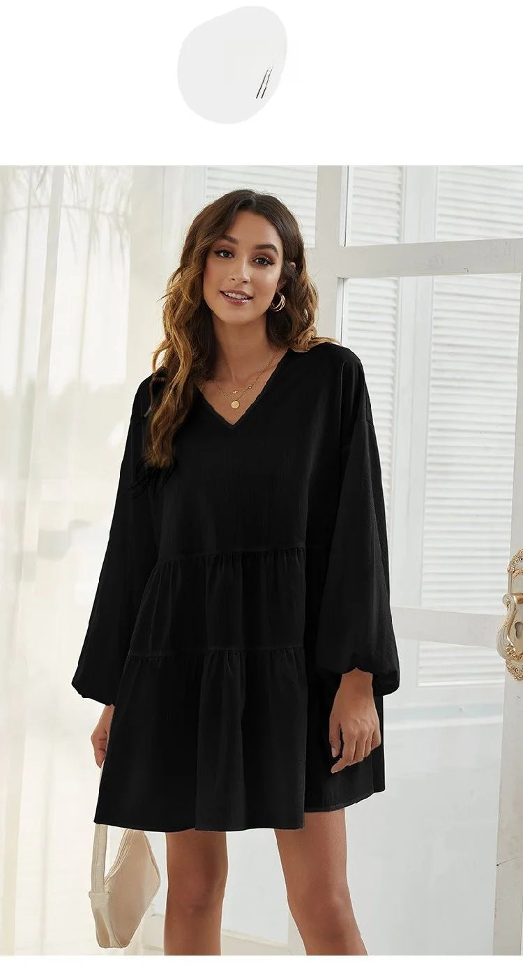 Women's Loose V-Neck Casual Long Sleeve Dress