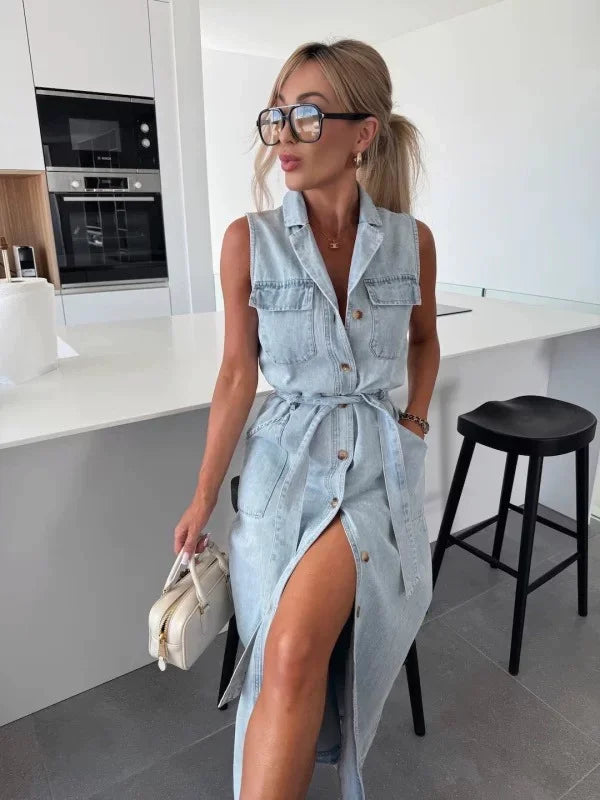 Casual Sleeveless Denim Long Dresses For Women