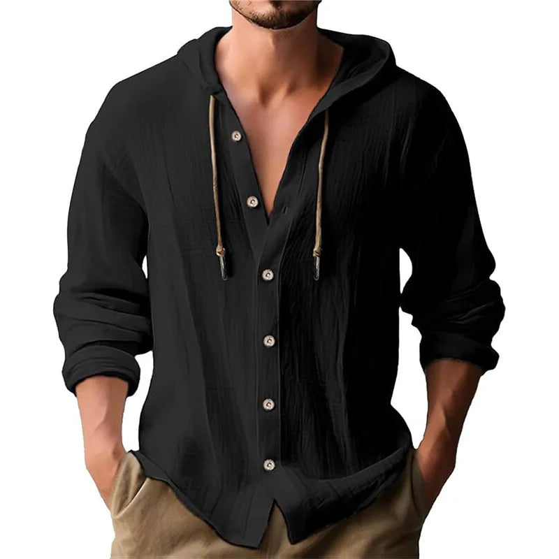 Men's solid color casual shirt, hooded drawstring