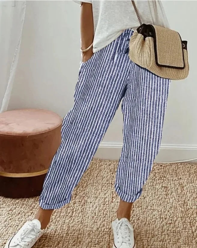 Women's Casual Striped Cotton Linen Pants Elastic Waist