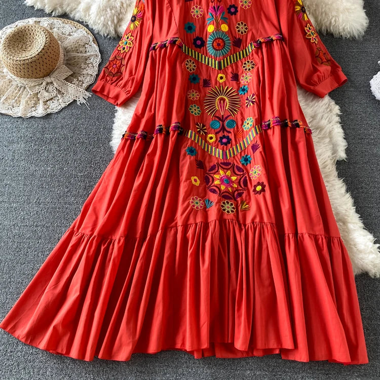 Vintage Women Floral Embroidery Beach Dress