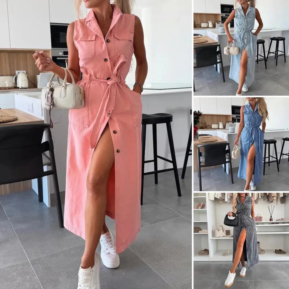 Women Sleeveless Long Belted Waist Cinching Single Button Denim Dress