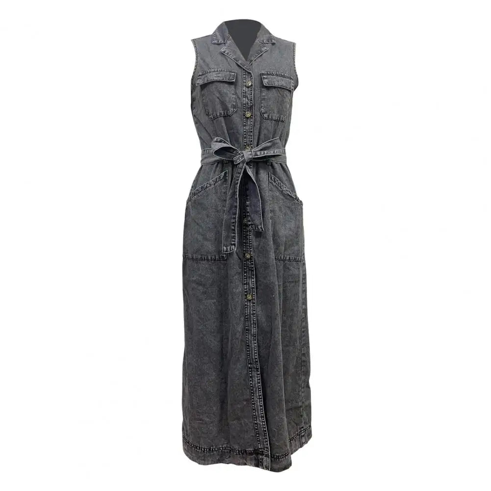 Women Sleeveless Long Belted Waist Cinching Single Button Denim Dress