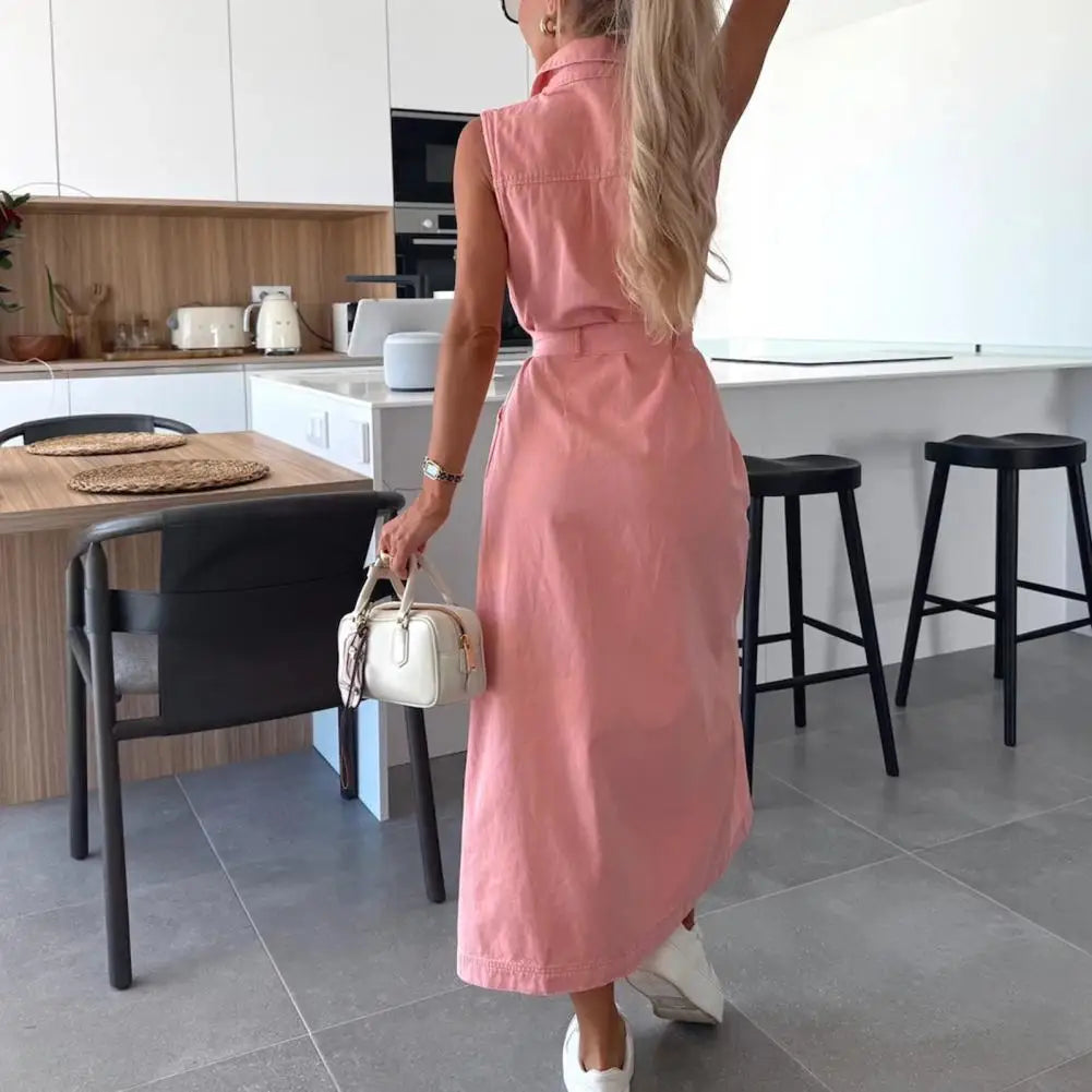 Women Sleeveless Long Belted Waist Cinching Single Button Denim Dress
