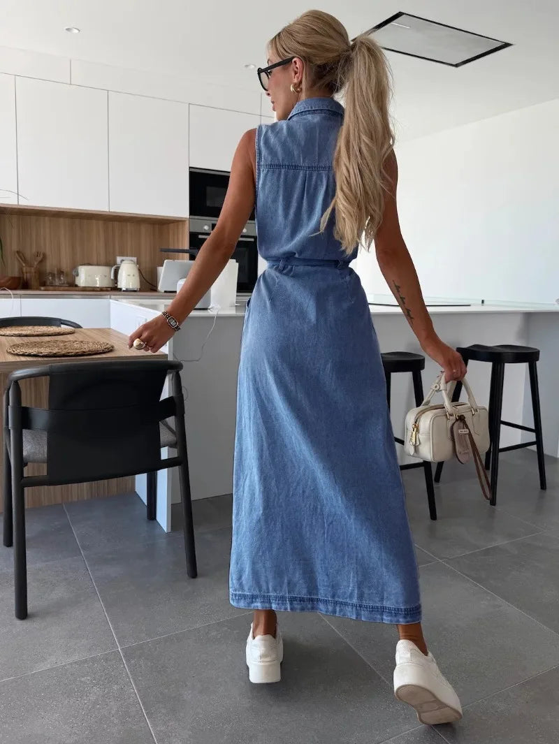 Casual Sleeveless Denim Maxi Shirt