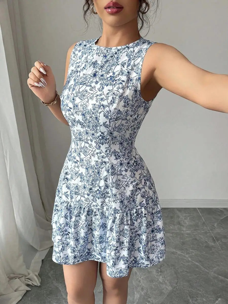 Spring/Summer Boho And French-Style Blue And White Floral Dress
