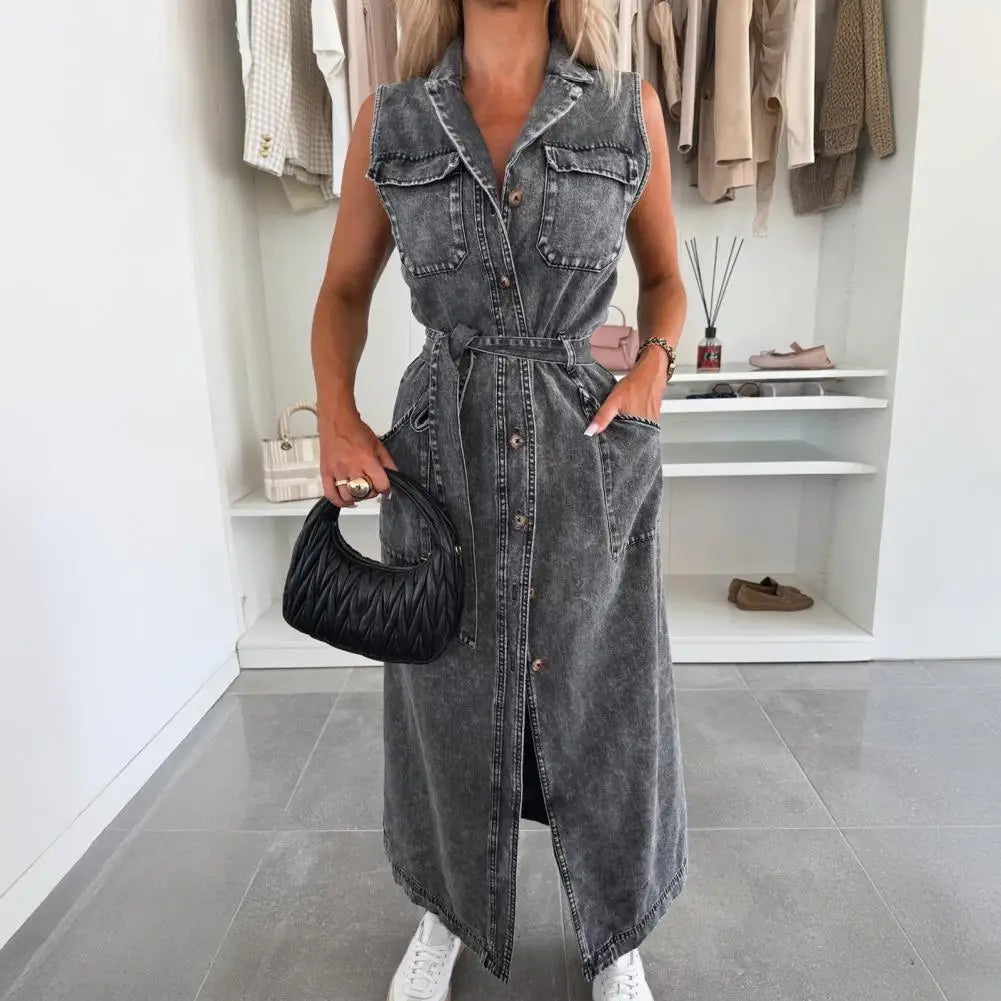 Women Sleeveless Long Belted Waist Cinching Single Button Denim Dress