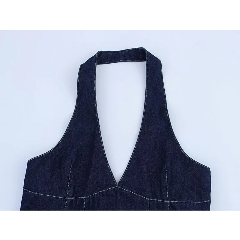 New Fashion Women Sexy Backless Denim Halter Mini Dress