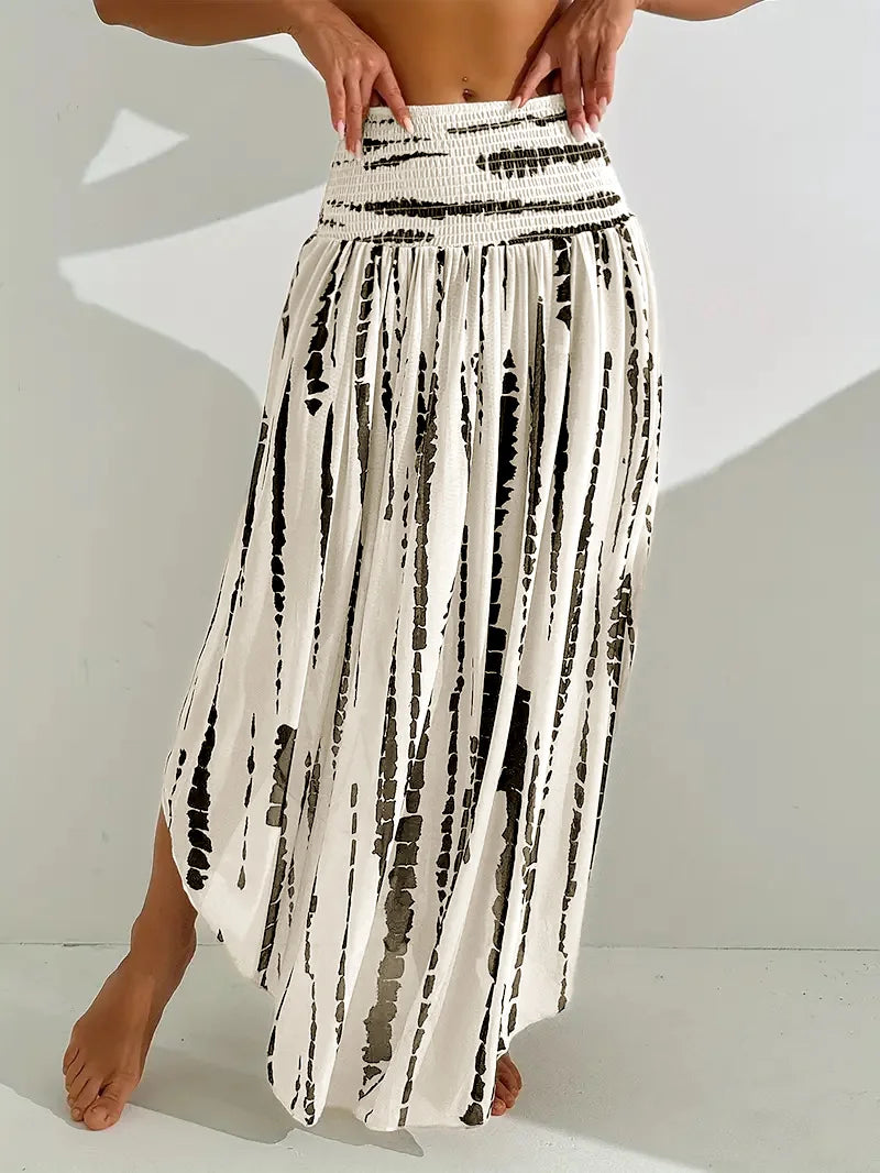 Women's Boho Print Knit Belted Long High-Waisted Flared Skirt