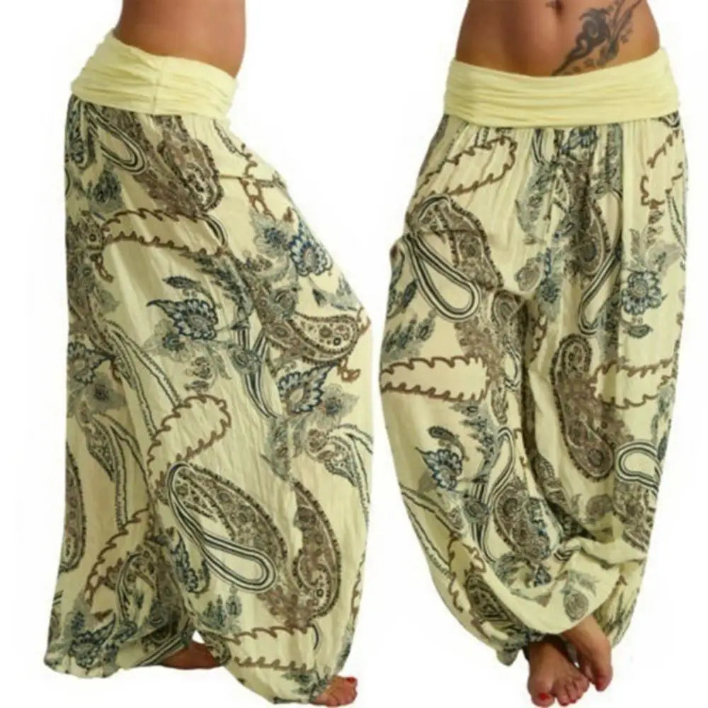 Women Boho Loose Pants Paisley Print High Waist Ankle Tied Harem Pants