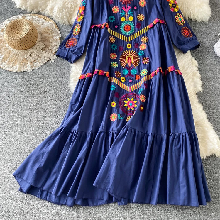 Vintage Women Floral Embroidery Beach Dress
