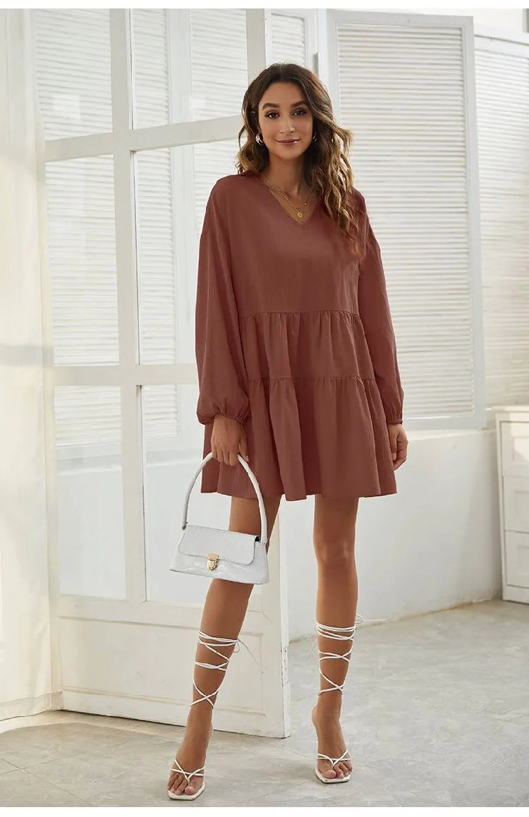 Women's Loose V-Neck Casual Long Sleeve Dress