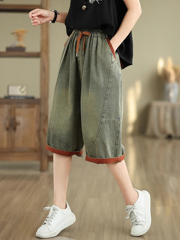 Retro Distressed Denim Belted Slimming Casual Wide Leg Pant