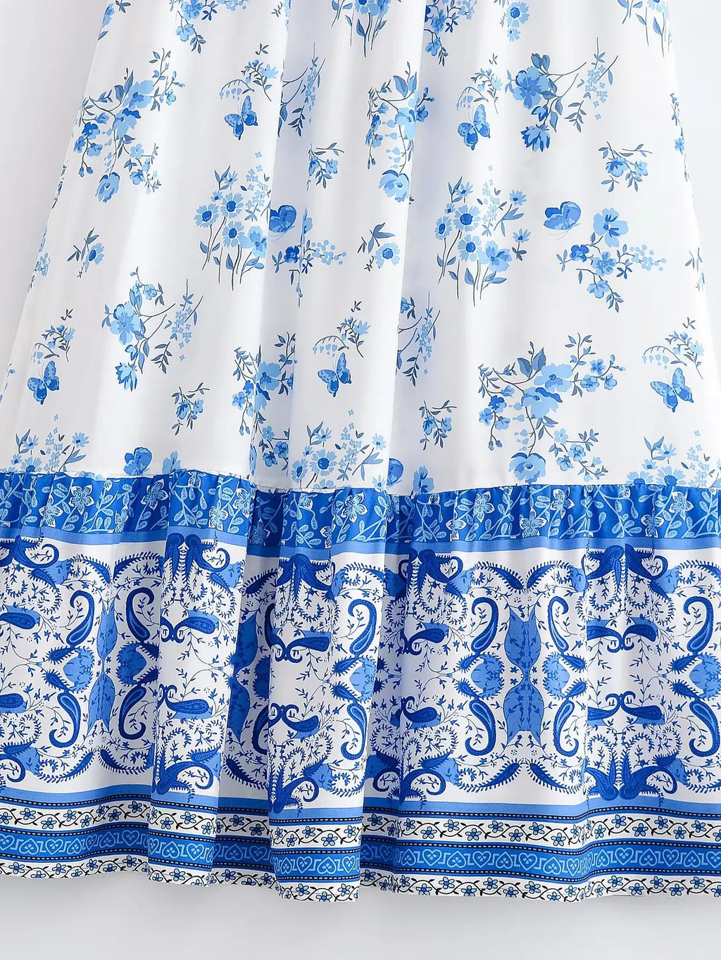 BOHO White With Blue Floral Print Long Skirt