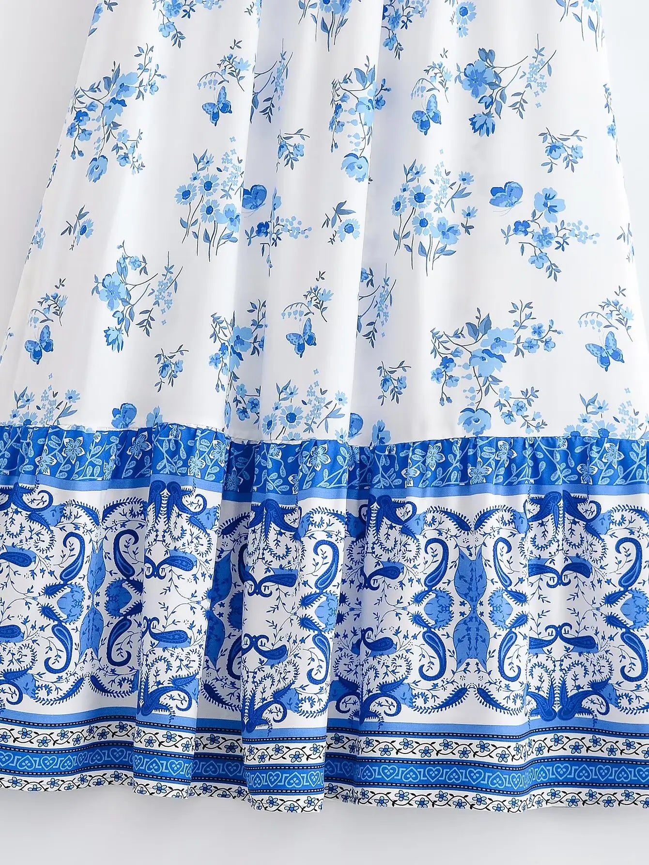 BOHO White With Blue Floral Print Long Skirt