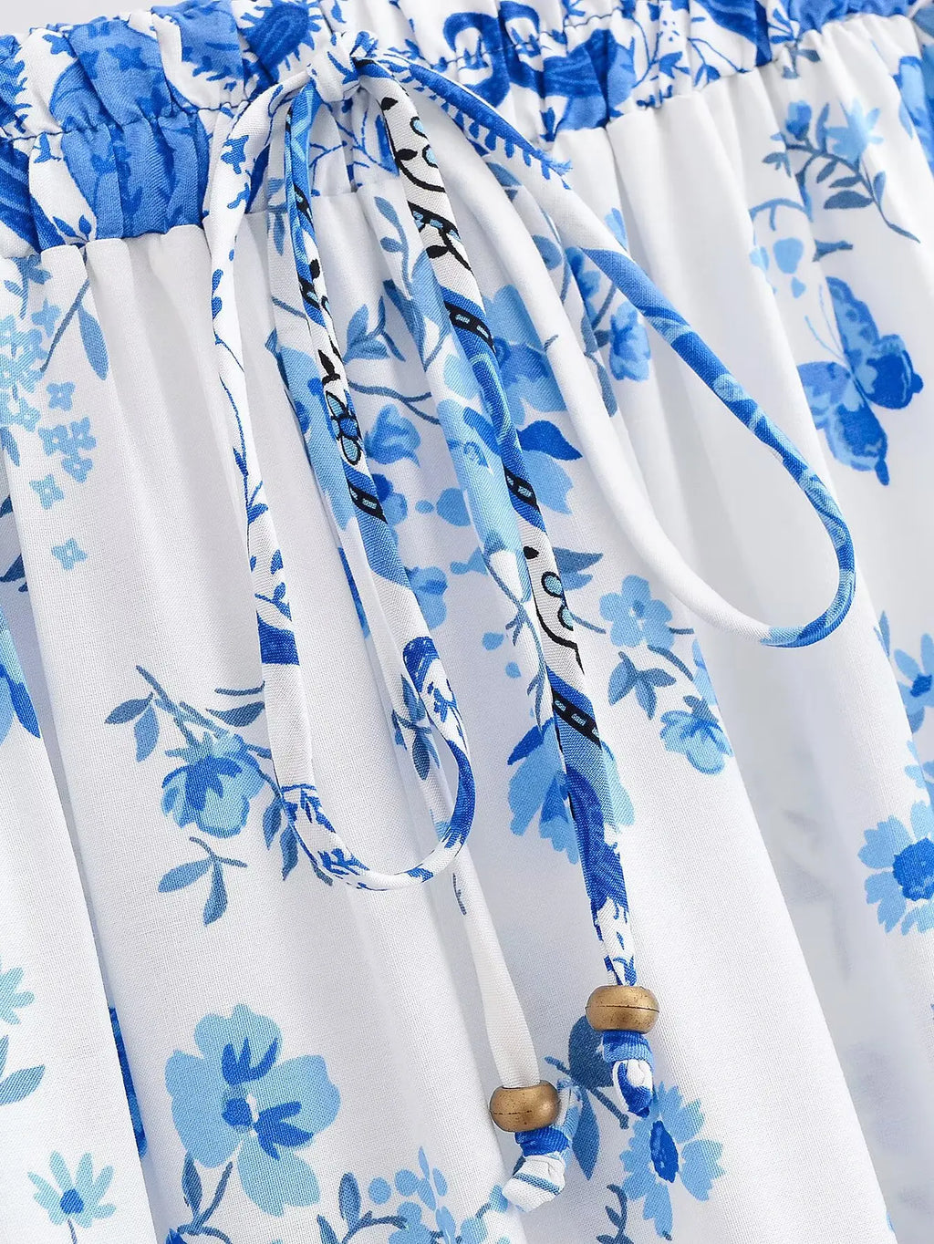 BOHO White With Blue Floral Print Long Skirt