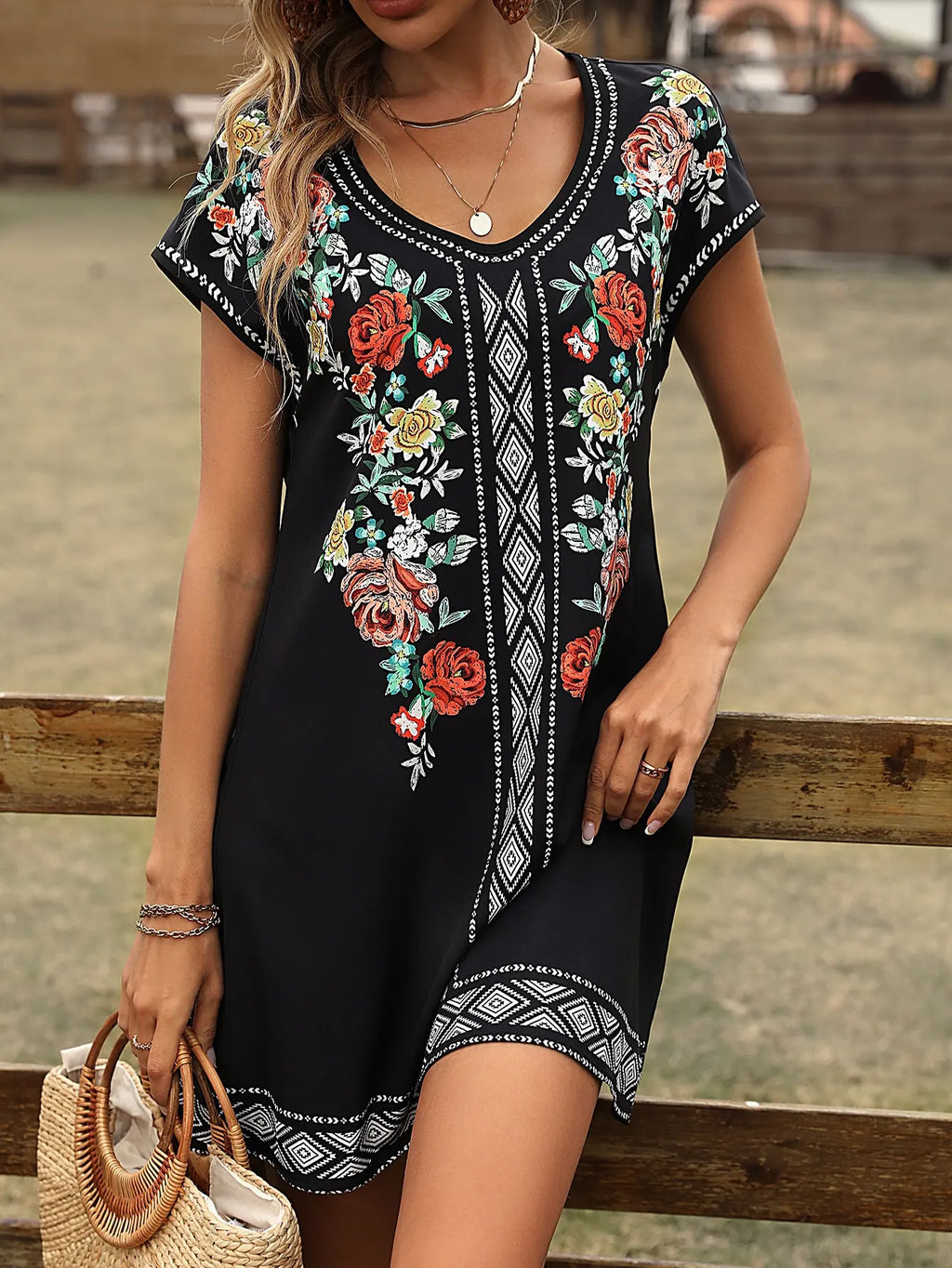 Black Boho Floral Print Dress