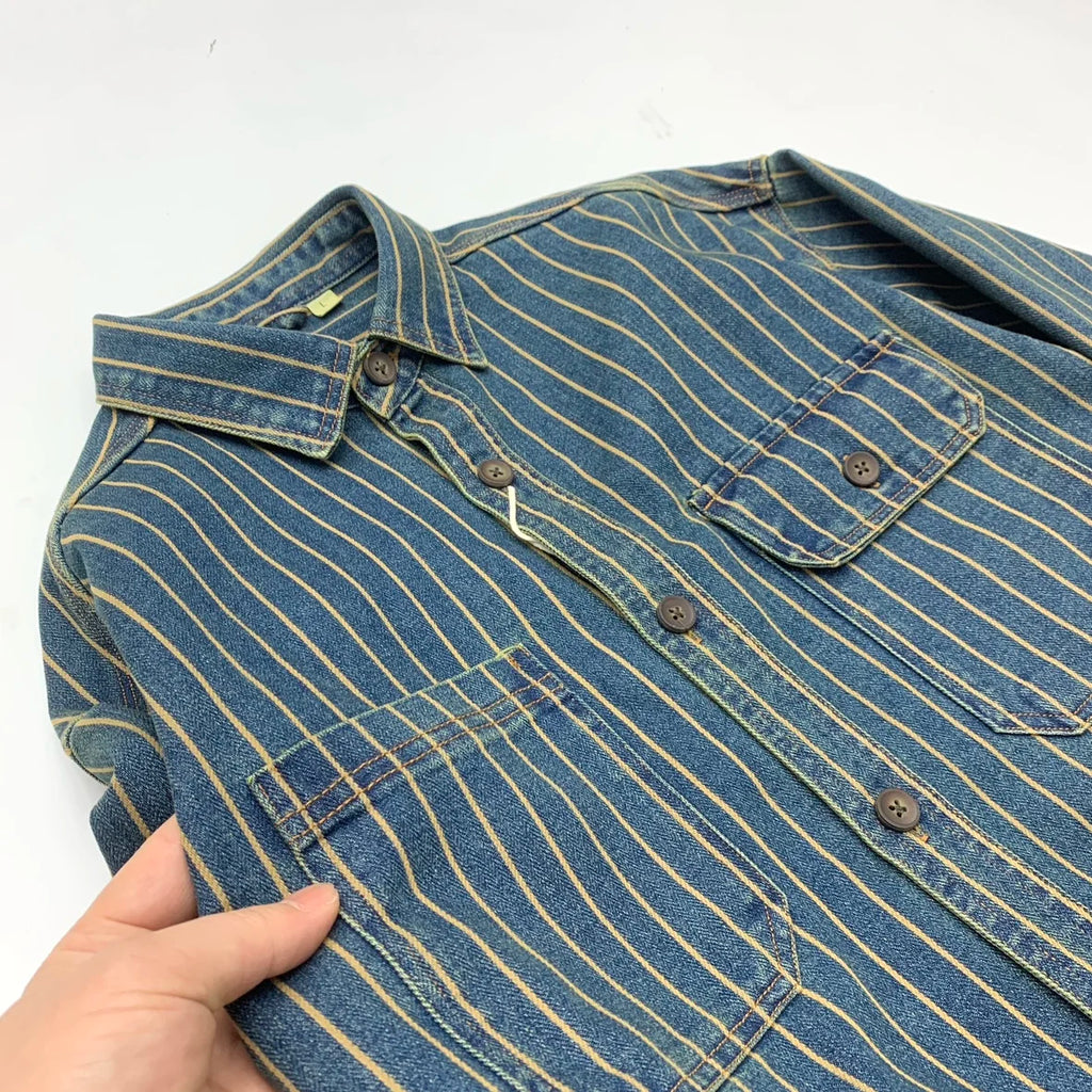 Autumn New American Retro Heavyweight Striped Denim Shirt Jacket