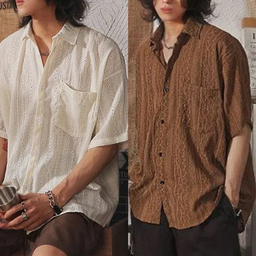 Men Casual Loose Hollow Out Short Sleeve Shirt