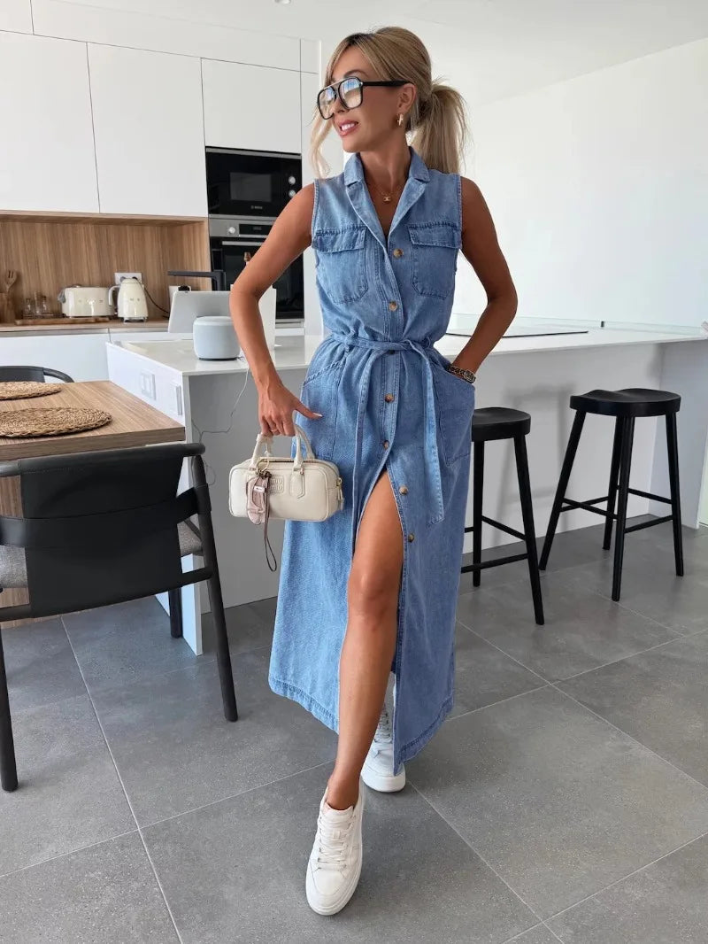 Casual Sleeveless Denim Maxi Shirt
