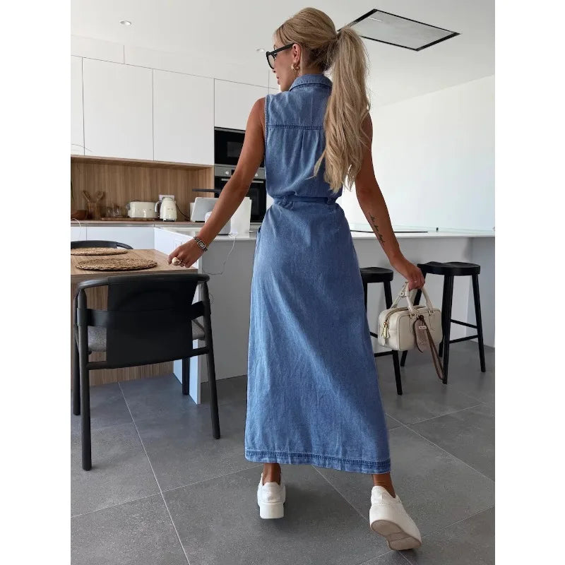 Casual Sleeveless Denim Maxi Shirt