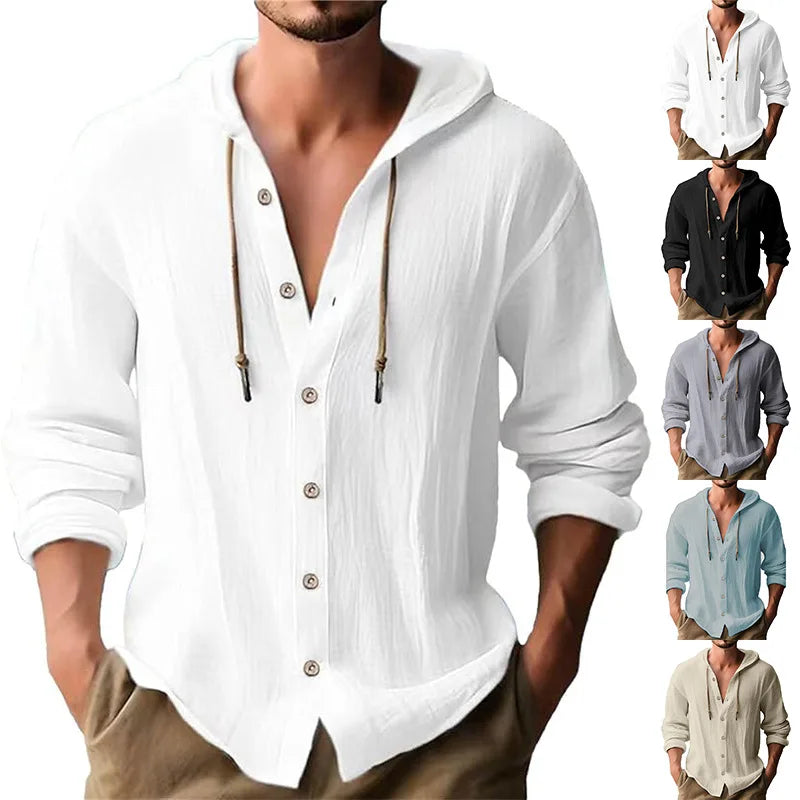 Men's solid color casual shirt, hooded drawstring